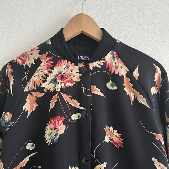 Chaps Satin Bomber Jacket Size L Black Pink Floral Colorful Snap Buttons - Picture 4 of 16